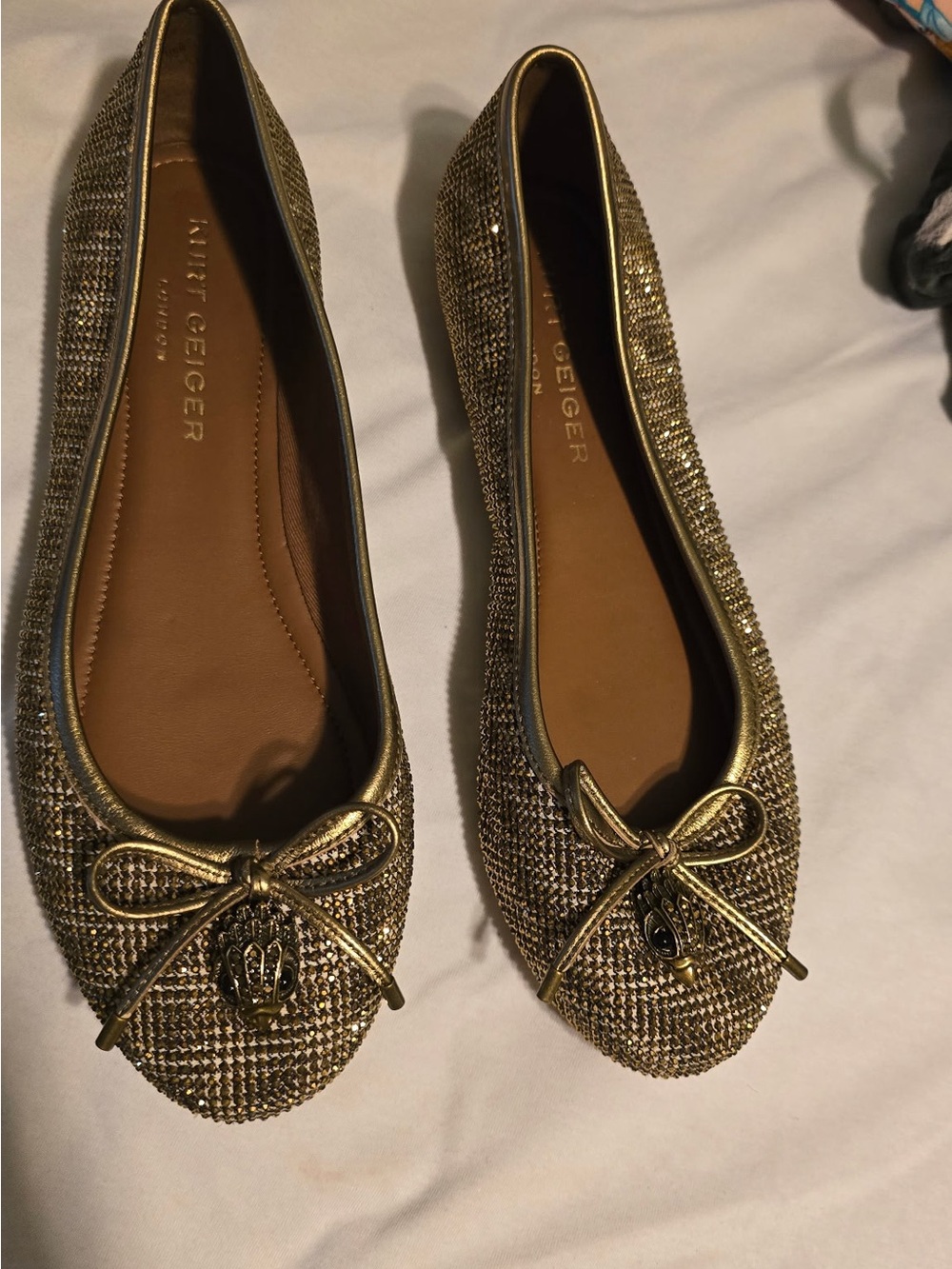 Kurt Geiger Gold Crystal-Embellished Bow Ballet Flats